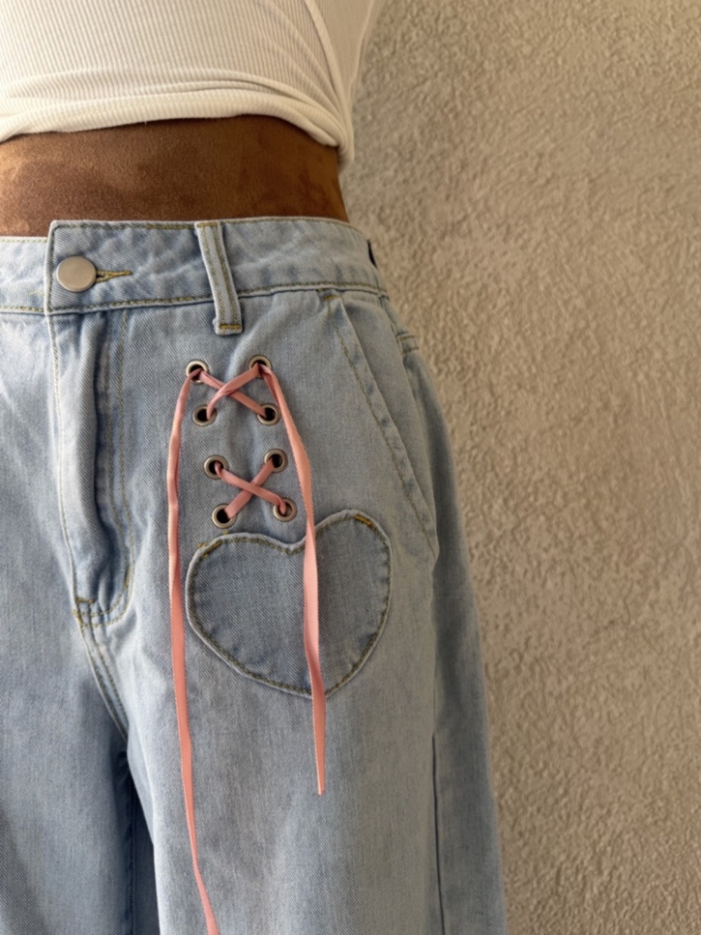 Romwe Women's Small Size 4 Wide-Leg Denim Blue Jean Pink Bow Heart Pocket Pant